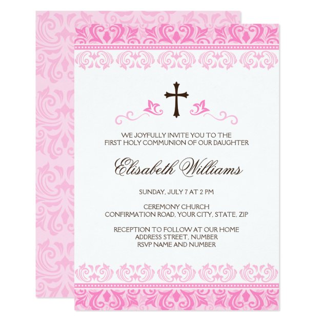 Pink Lace Girls First Communion Confirmation Invitation