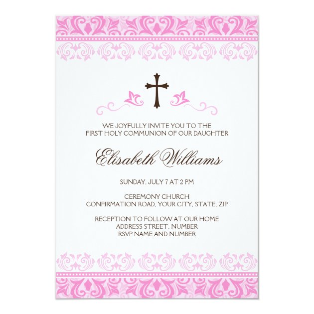 Pink Lace Girls First Communion Confirmation Invitation