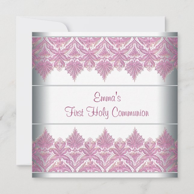 Pink Lace Girls First Communion Invitation (Front)