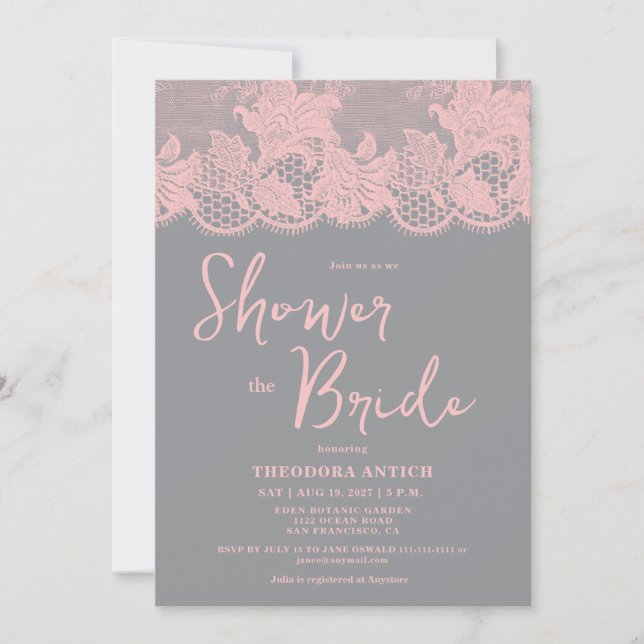 Pink Lace Grey Bridal Shower Invitation (Front)