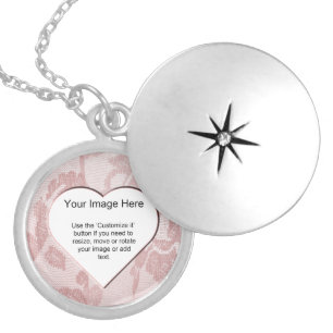Pink Lace Heart Shape Photo Frame Template Silver Plated Necklace