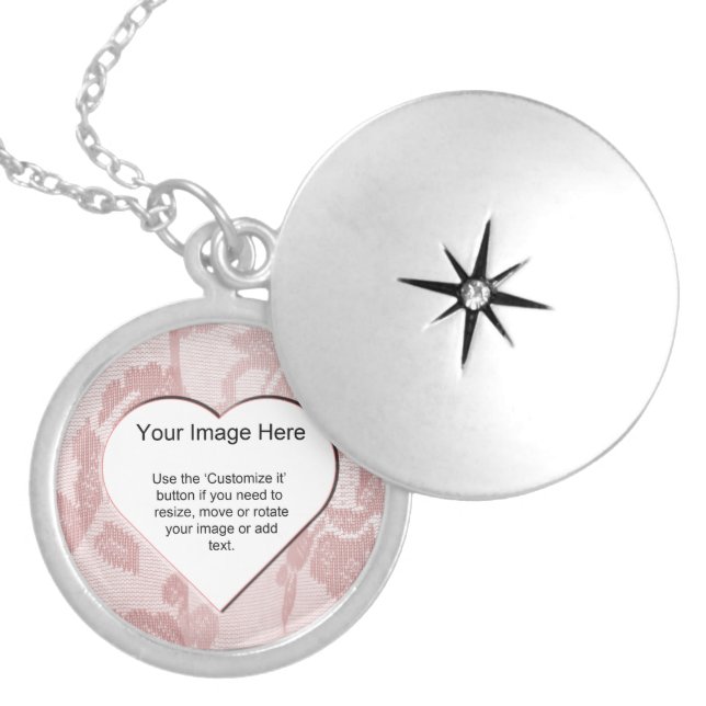 Pink Lace Heart Shape Photo Frame Template Silver Plated Necklace (Front)