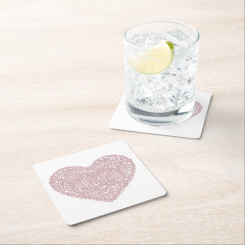 Pink Lace Love heart Square Paper Coaster