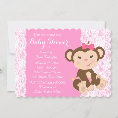 Pink Lace Monkey Baby Girl Shower Invitation