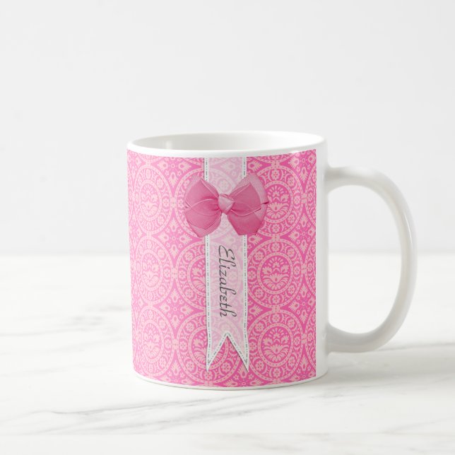 Pink Lace Pattern With Ribbon Bow Design and Name Coffee Mug (Right)
