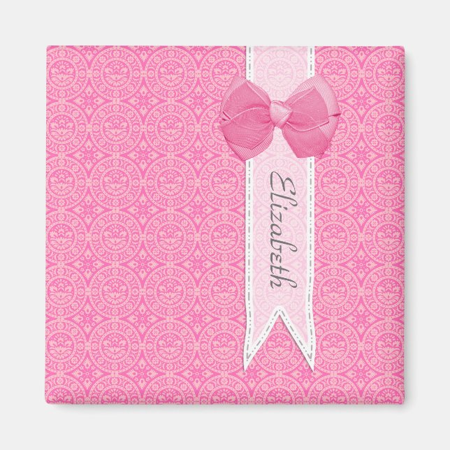 Pink Lace Pattern With Ribbon Bow Design and Name Magnet (Front)