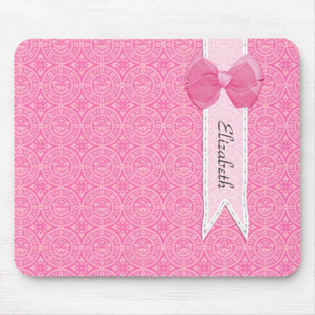 Pink Lace Pattern With Ribbon Bow Design and Name Mouse Pad (Front)
