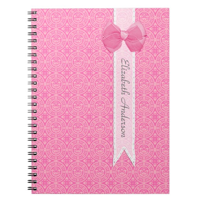 Pink Lace Pattern With Ribbon Bow Design and Name Notebook (Front)