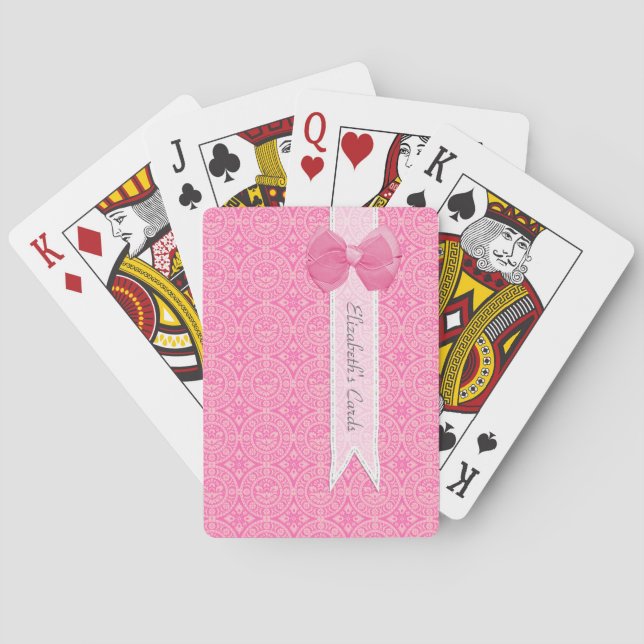 Pink Lace Pattern With Ribbon Bow Design and Name Poker Cards (Back)