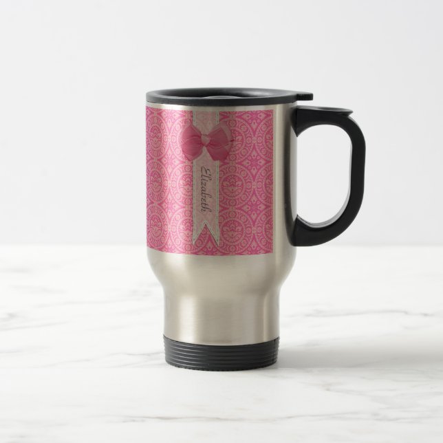 Pink Lace Pattern With Ribbon Bow Design and Name Travel Mug (Right)