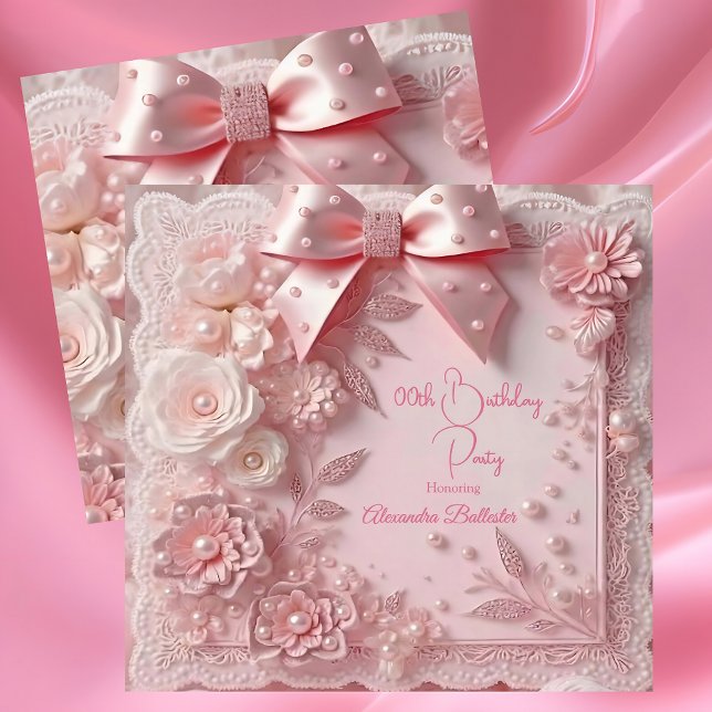 Pink Lace Pearls Floral Sweet Birthday Party Invitation (Creator Uploaded)