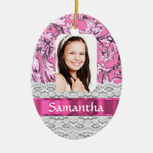 Pink lace photo template ceramic ornament