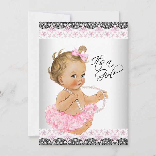 Pink Lace Pink Gray Baby Girl Shower Invitation (Front)