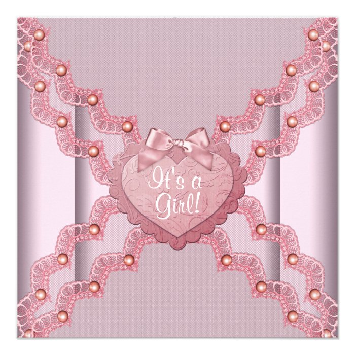 Pink Lace Pink Pearl Heart Pink Baby Girl Shower Announcement