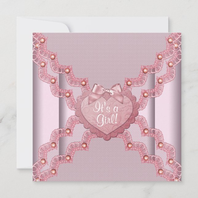 Pink Lace Pink Pearl Heart Pink Baby Girl Shower Invitation (Front)