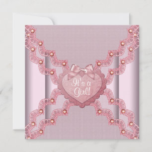 Pink Lace Pink Pearl Heart Pink Baby Girl Shower Invitation