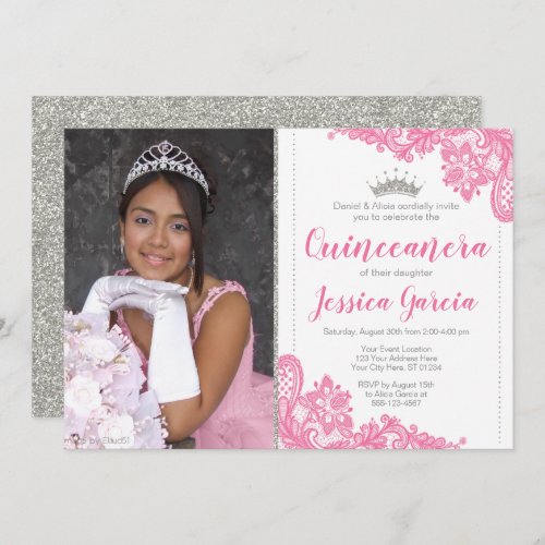 Pink Lace  Silver Glitter Princess Quinceaera Invitation