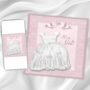 Pink Lace White Dress Pink Baby Girl Shower Invitation