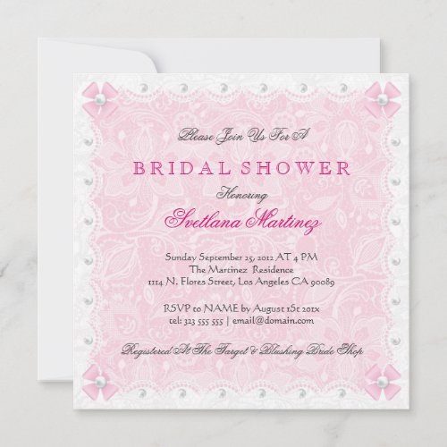 Pink Lace &amp; White Pearls Bridal Shower  Invite