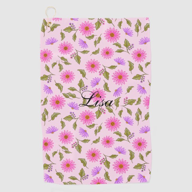 Pink Lacy Daisy Personalized Golf Towel (Front)