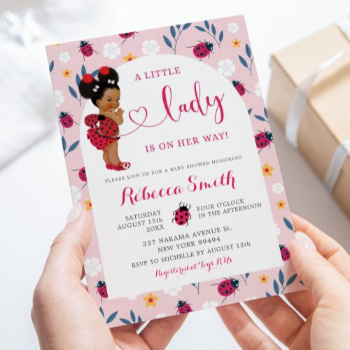 Pink Lady Bug African American Girl Baby Shower Invitation