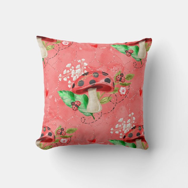 Pink Lady Bug And Mushroom Pattern Throw Pillow (Front)