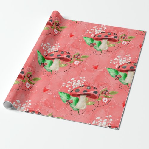 Pink Lady Bug And Mushroom Pattern Wrapping Paper