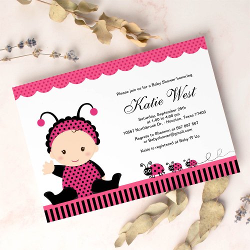 Pink Lady Bug Baby Shower Invitation