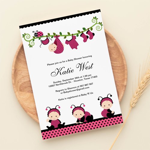 Pink Lady Bug Baby Shower Invitation