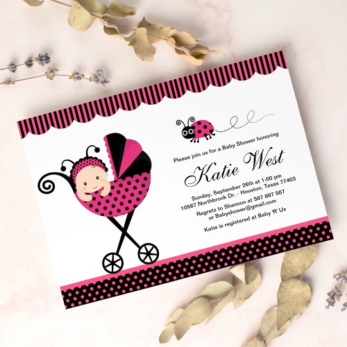 Pink Lady Bug Baby Shower Invitation