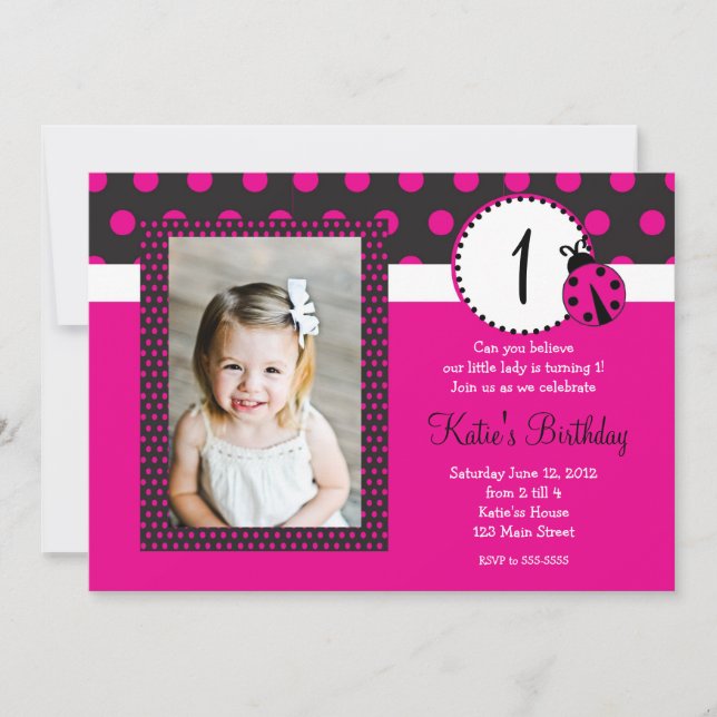 Pink Lady Bug Birthday Invitation (Front)