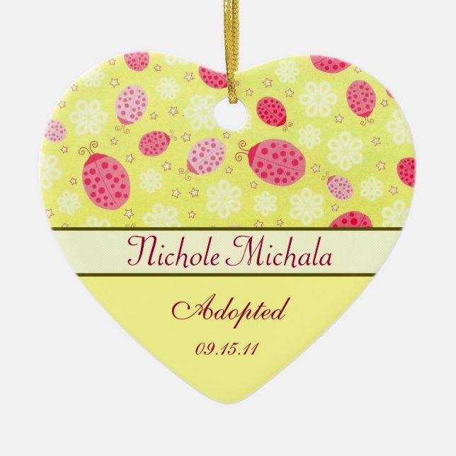 Pink Lady Bug Heart Shaped Adoption Announcement Ceramic Ornament (Front)