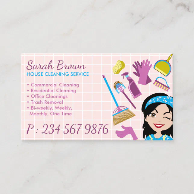 Pink Lady Cartoon Cleaning Service Janitorial Business Card | Zazzle