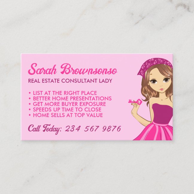 Pink Lady Cartoon Elegant Mortgage Broker Realtor Business Card