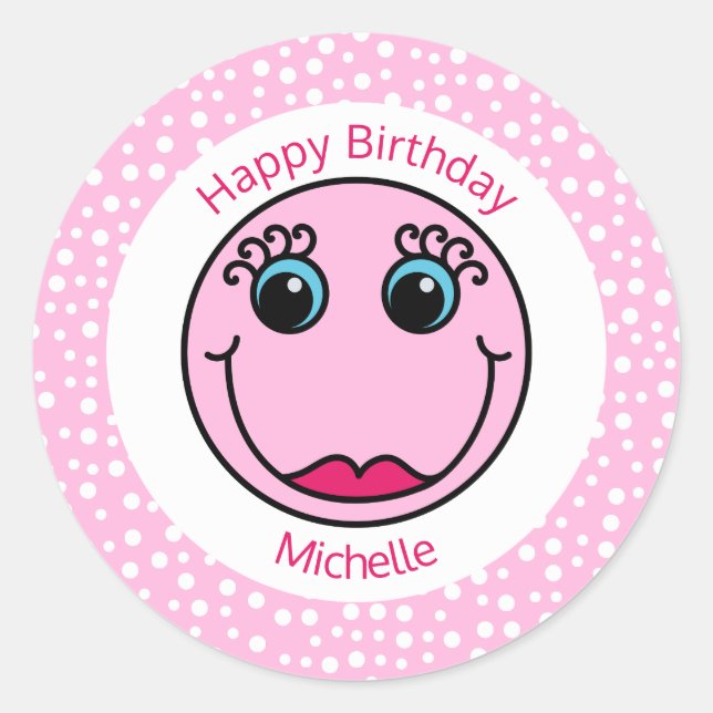 Pink Lady Face Personalized Birthday Classic Round Sticker (Front)