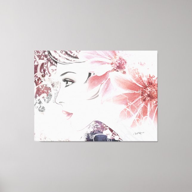 Pink Lady, Female Profile Face with Flowers Canvas Print (Front)