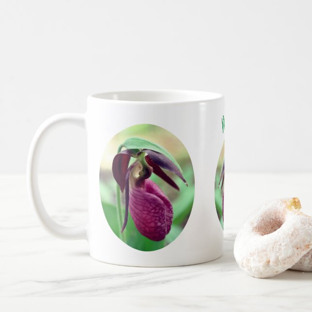 Pink Lady Slipper Flower Personalized Coffee Mug (With Donut)