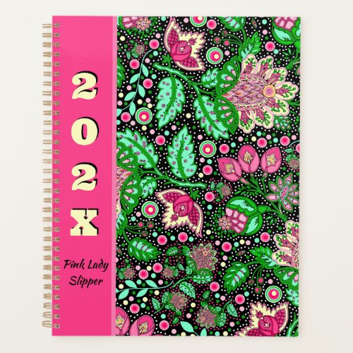 Pink Lady Slipper Flowers on Black Personalized Planner