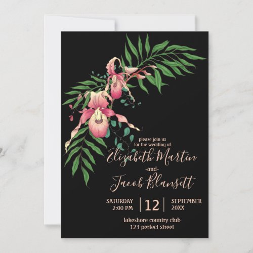 Pink Lady Slipper Orchid Black Wedding Invitation