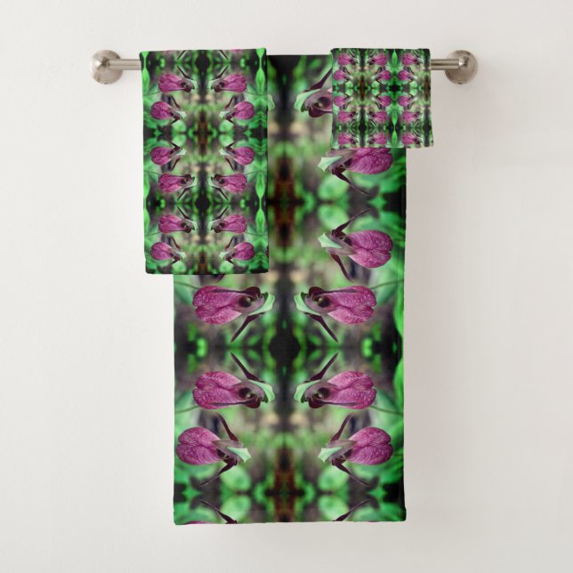 Pink Lady Slipper Orchid Flower Pair Abstract Bath Towel Set (Insitu)