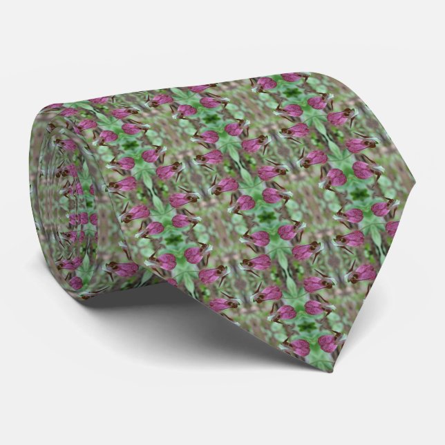 Pink Lady Slipper Orchid Flower Pair Abstract Neck Tie (Rolled)