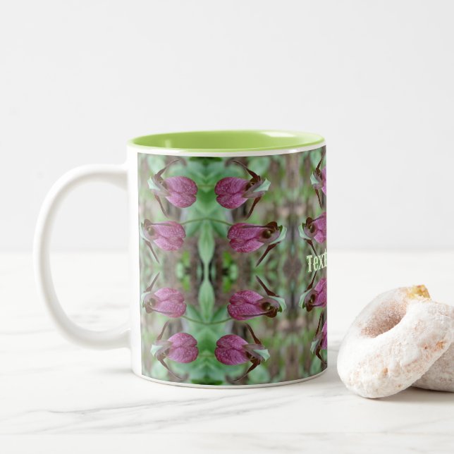 Pink Lady Slipper Orchid Flower Pair Personalized Two-Tone Coffee Mug (With Donut)
