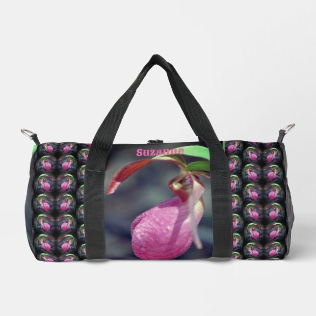 Pink Lady Slipper Orchid Flower Personalized Duffle Bag (Front)
