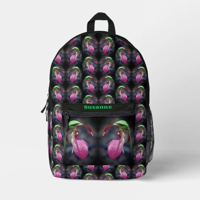 Pink Lady Slipper Orchid Flower Personalized Printed Backpack (Front)