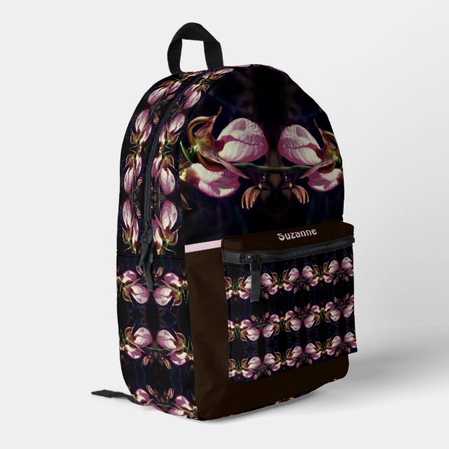 Pink Lady Slipper Orchid Flower Personalized Printed Backpack (Back Corner Left)