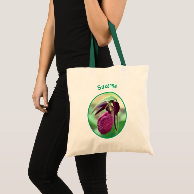 Pink Lady Slipper Orchid Flower Personalized Tote Bag (Front (Product))