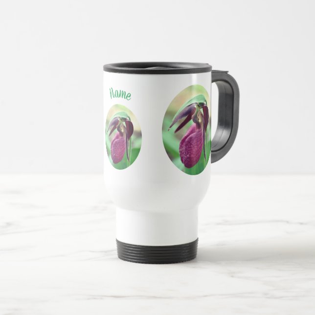Pink Lady Slipper Orchid Flower Personalized Travel Mug (Front Right)