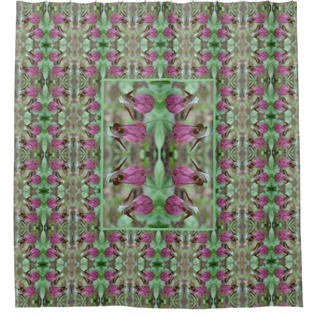 Pink Lady Slipper Orchid Flowers Art Pattern Shower Curtain (Front)