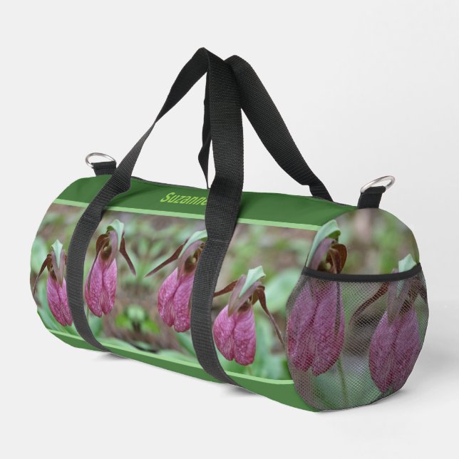 Pink Lady Slipper Orchid Flowers Personalized Duffle Bag (Right Corner)