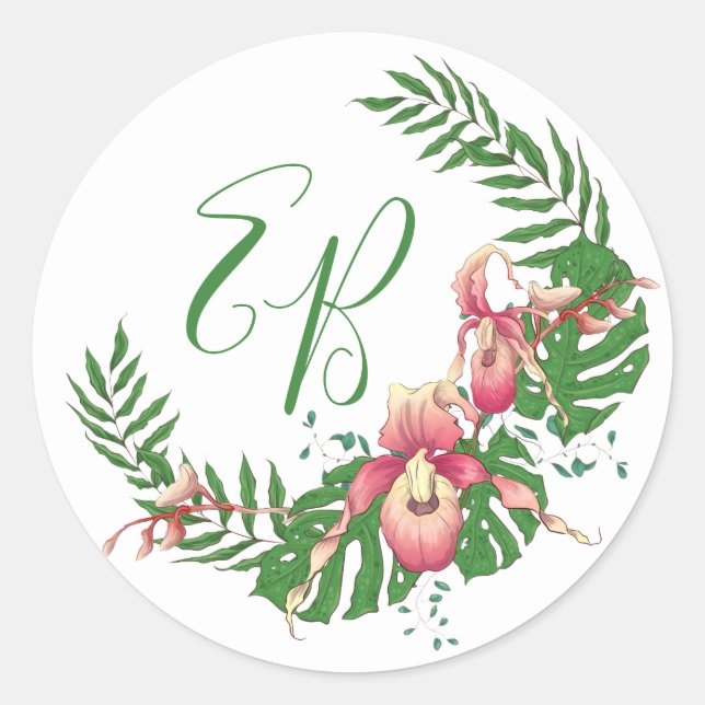 Pink Lady Slipper Orchid Initials Classic Round Sticker (Front)